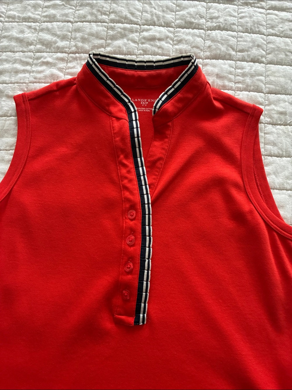 Lands' End Red Sleeveless Polo Tank with Navy-Trim Placket